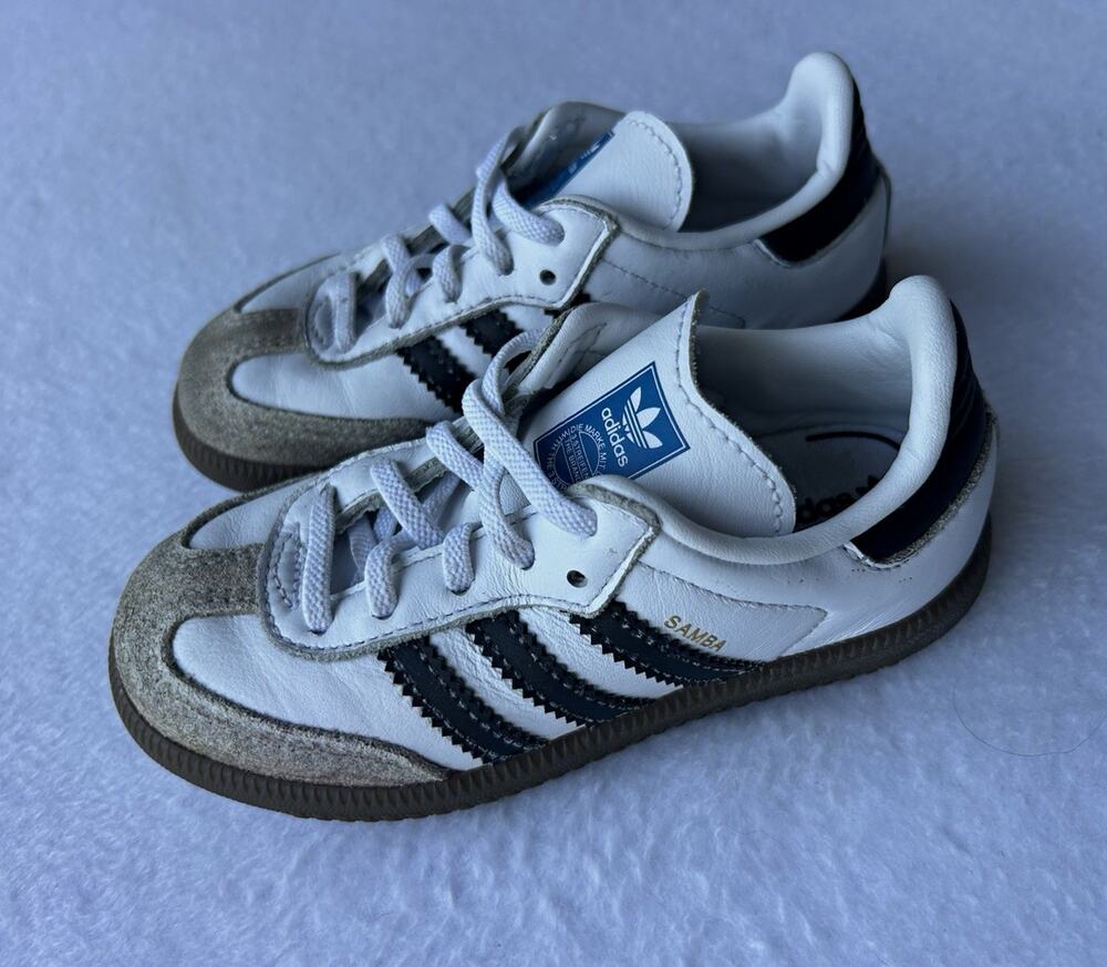 adidas Samba Unisex Kids White/Black Leather Lace-Up Low Top 9 US 26 EU IE3679